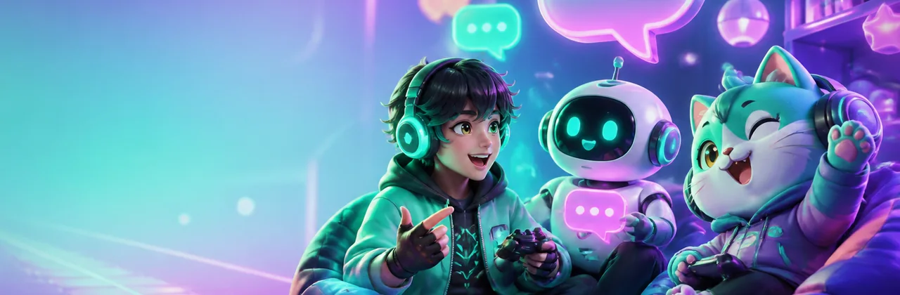 Banner cộng đồng với nhóm người chơi, robot và linh vật mèo